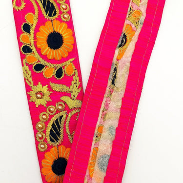 Fuchsia Pink Art Silk Lace Trim, Floral Embroidery in Orange, Black and Gold